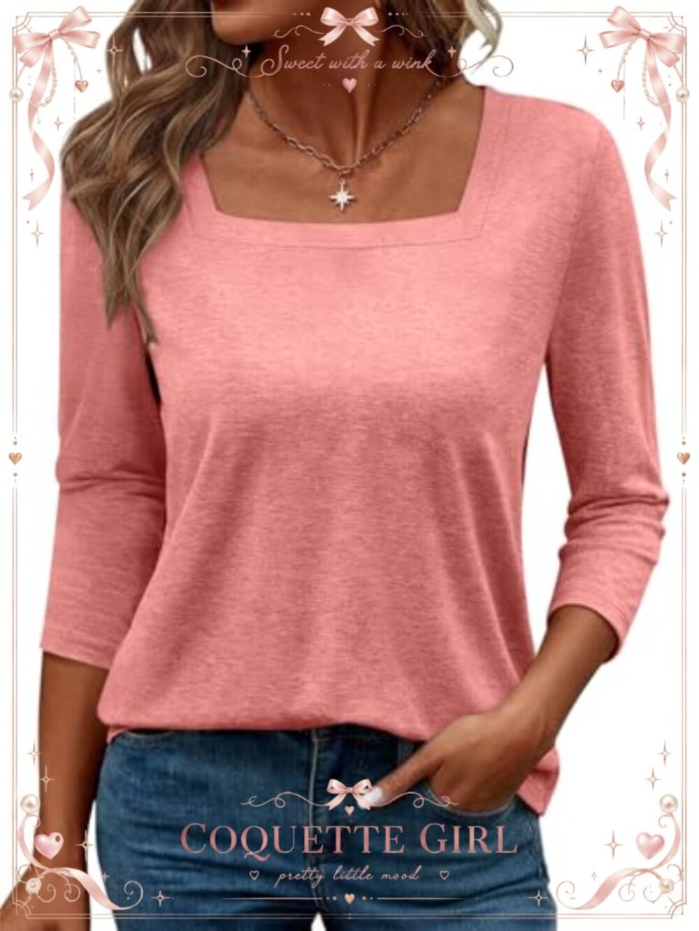 Women's Square Neck 3/4 Sleeve Loose Fit Tunic Blouse